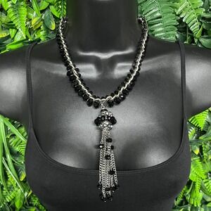 Black Beaded Silver Tone Tassel Statement Necklace Curb Chain Edgy 3817